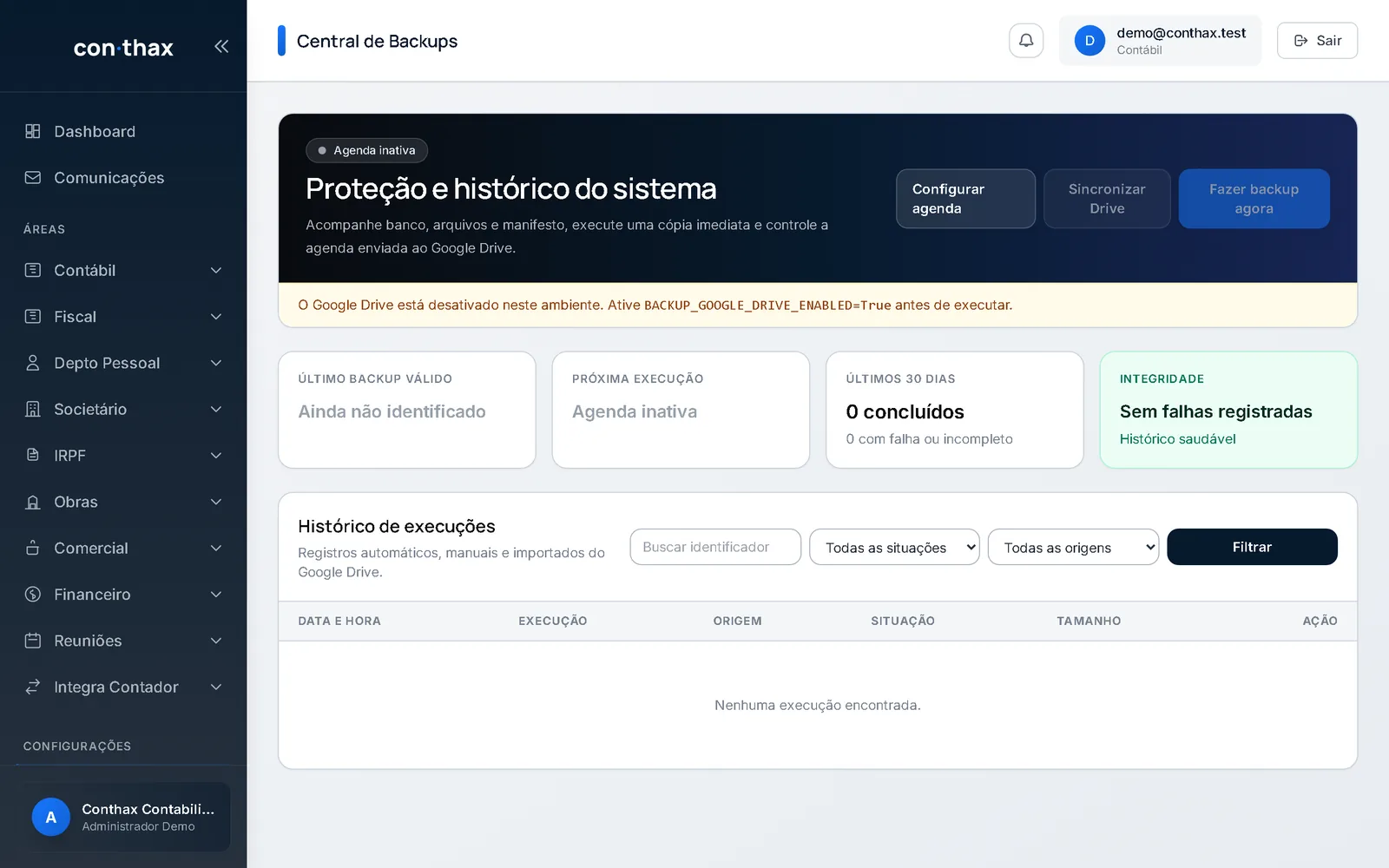 Painel de backups do escritório