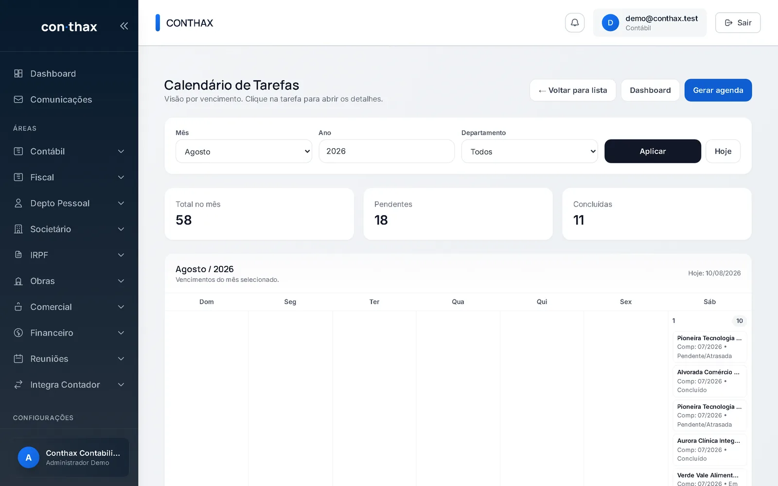Tarefas organizadas em visão de calendário