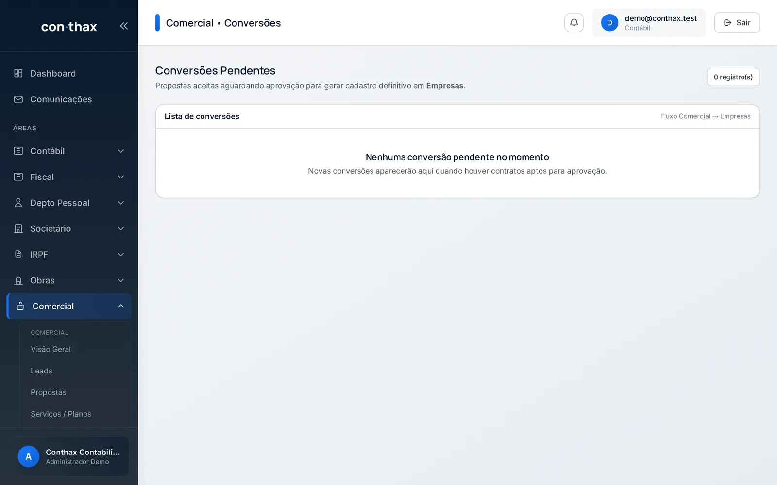 Tela de conversões pendentes do fluxo Comercial para Empresas