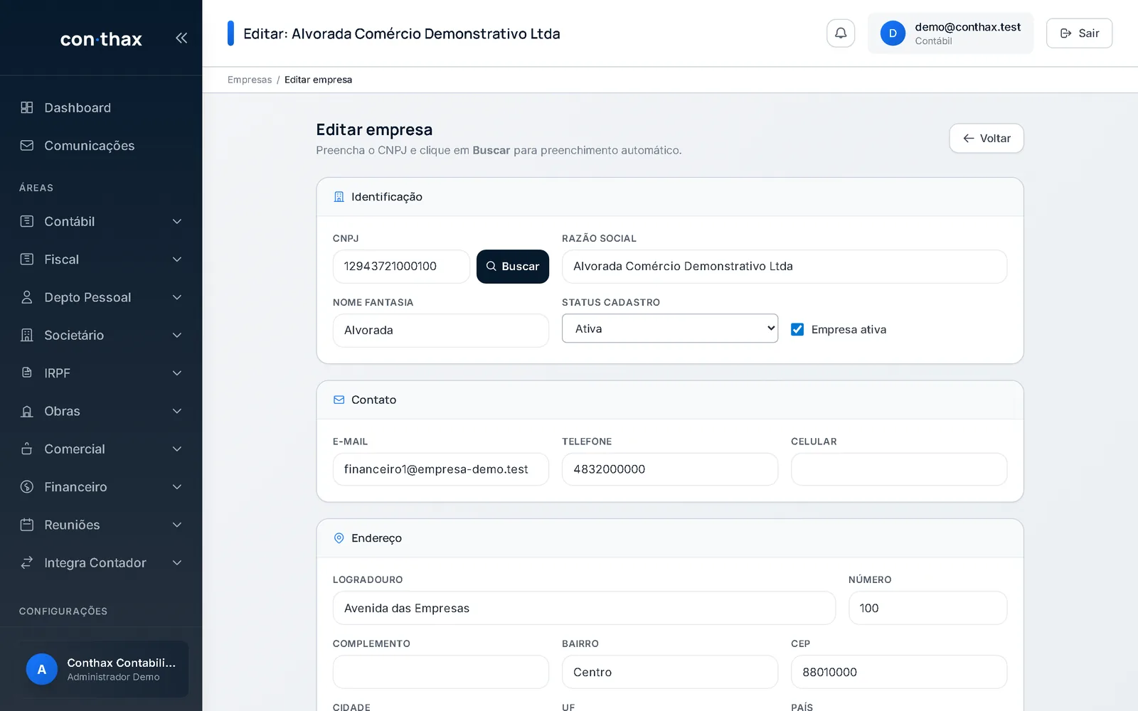 Formulário de edição de dados da empresa