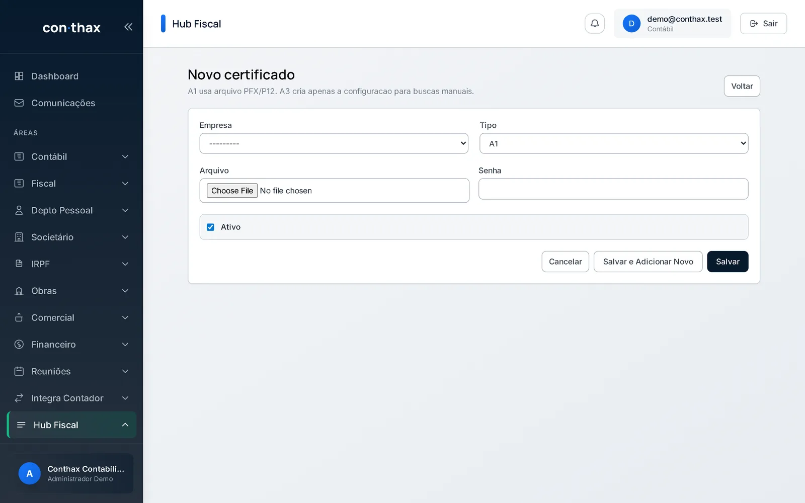 Formulário de novo certificado no Hub Fiscal