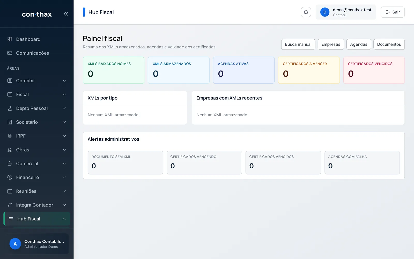 Painel Fiscal do Hub Fiscal com XMLs baixados e alertas