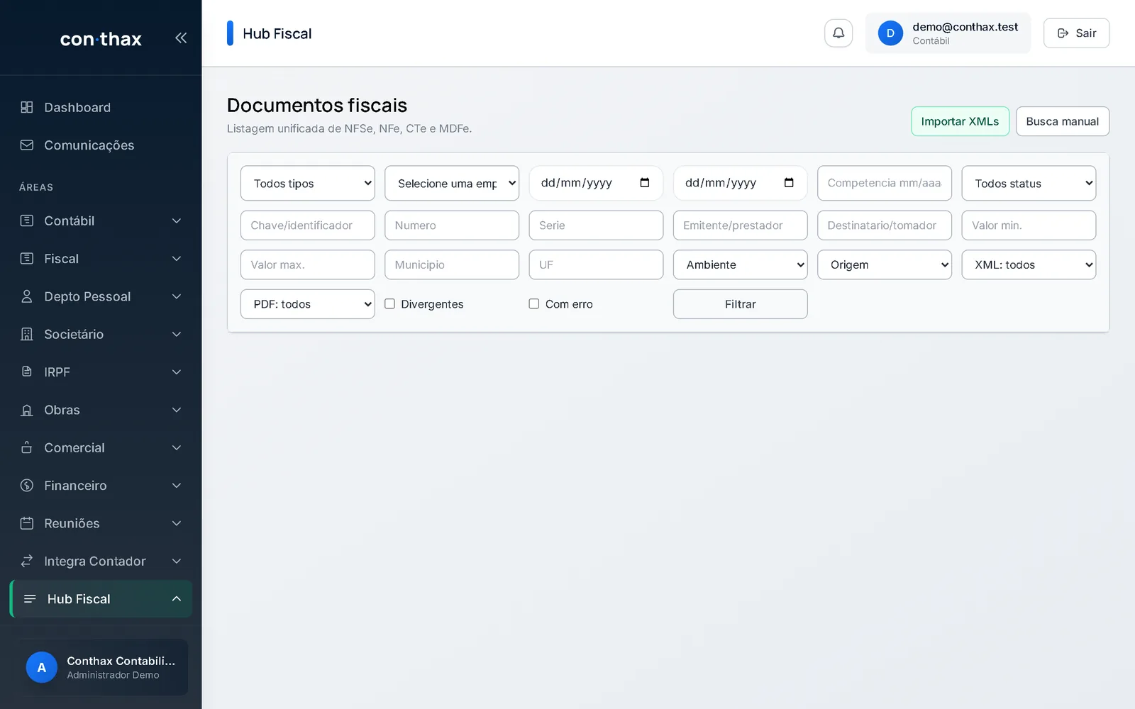 Tela de documentos fiscais unificados com filtros avançados