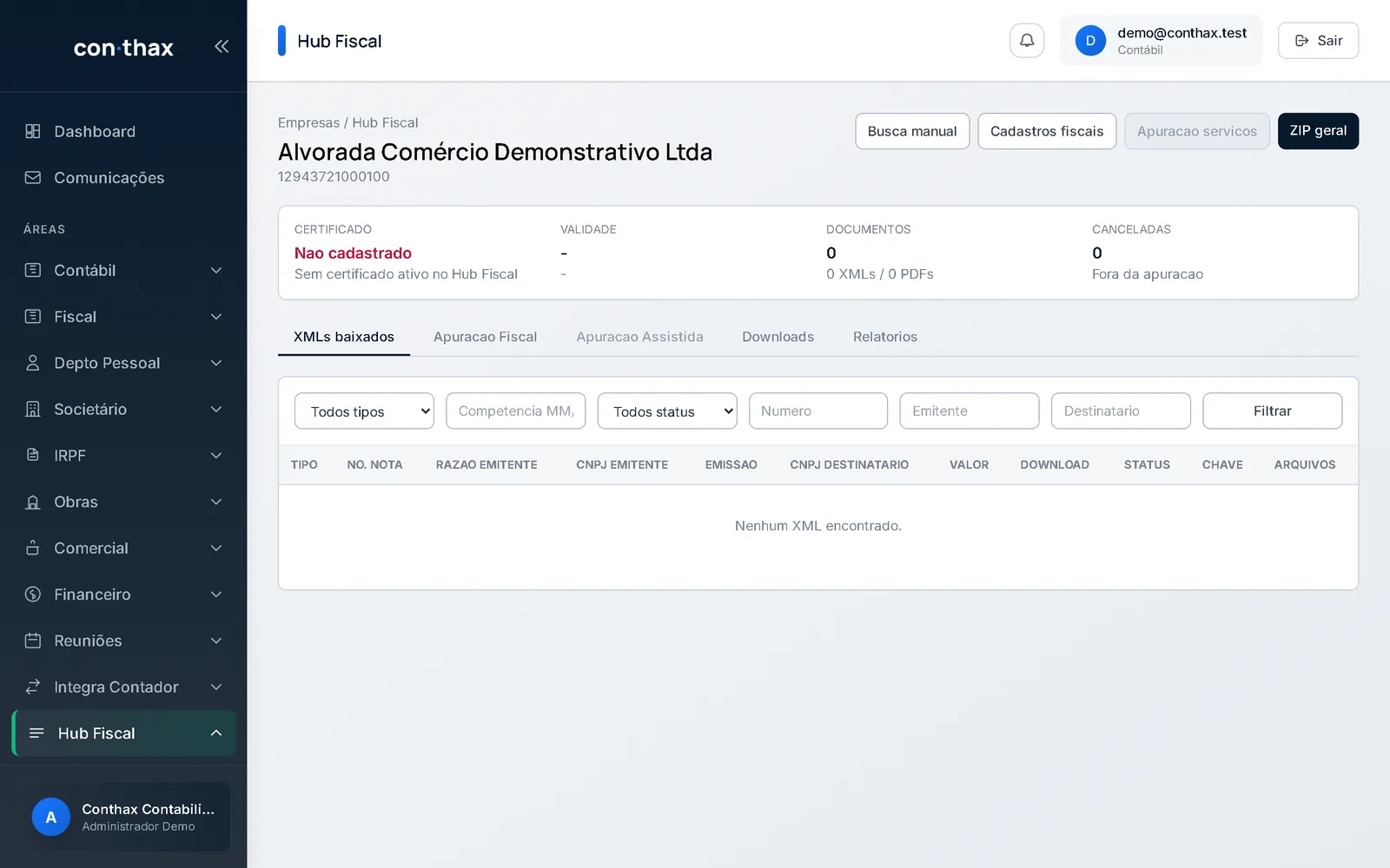 Detalhe fiscal de uma empresa com abas de XMLs, apuração e relatórios