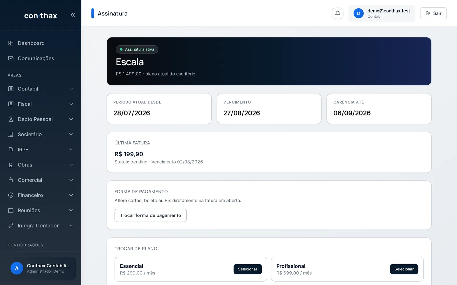 Tela de assinatura e faturamento do escritório